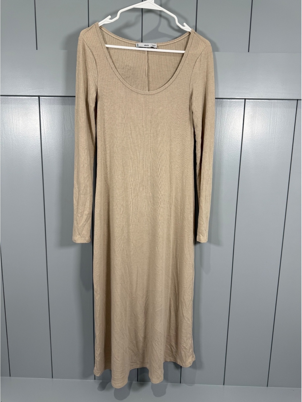 MNG Beige Ribbed Long Sleeve Midi Dress Size S